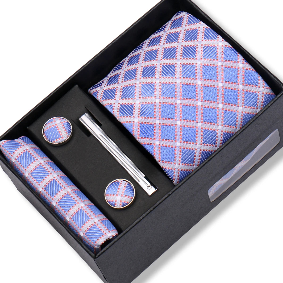 Herren Jacquard-Krawatten-Set 8 cm – Elegante Krawatte mit Einstecktuch, Manschettenknöpfen & Krawattenklammer | Luxus-Geschenkbox für Hochzeit & Business