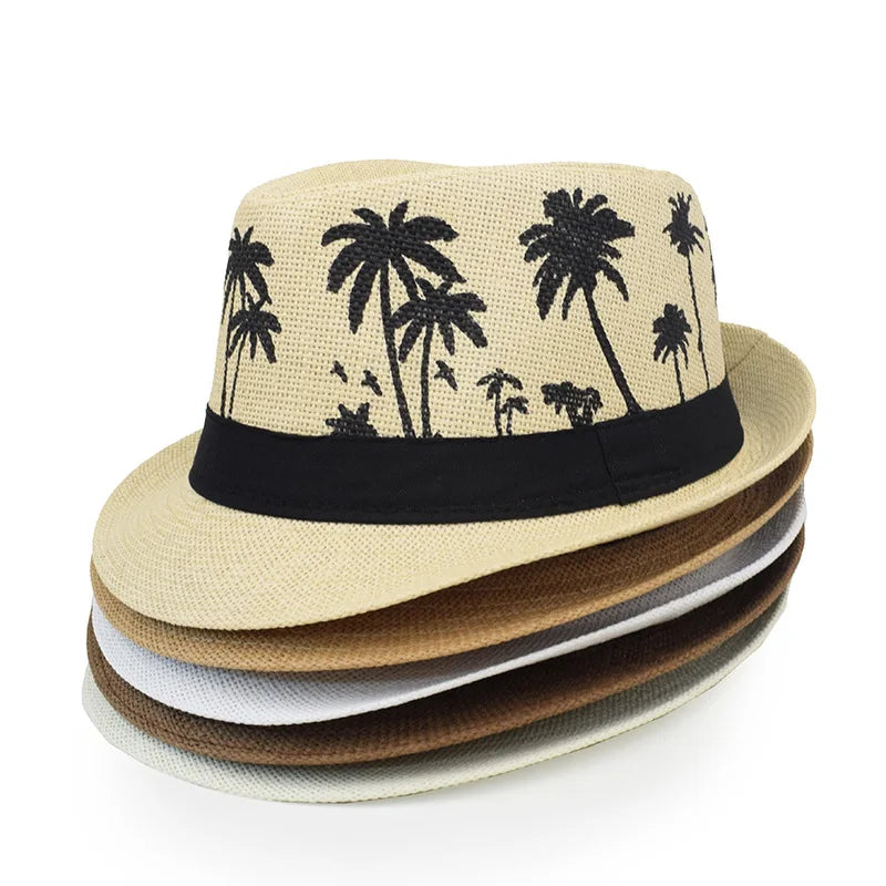 Sommer Strohhut – Herren & Damen, Kokosbaum-Muster, Outdoor Atmungsaktiv, Tropischer Jazz Fedora, Panama Hut Kaufschwan®
