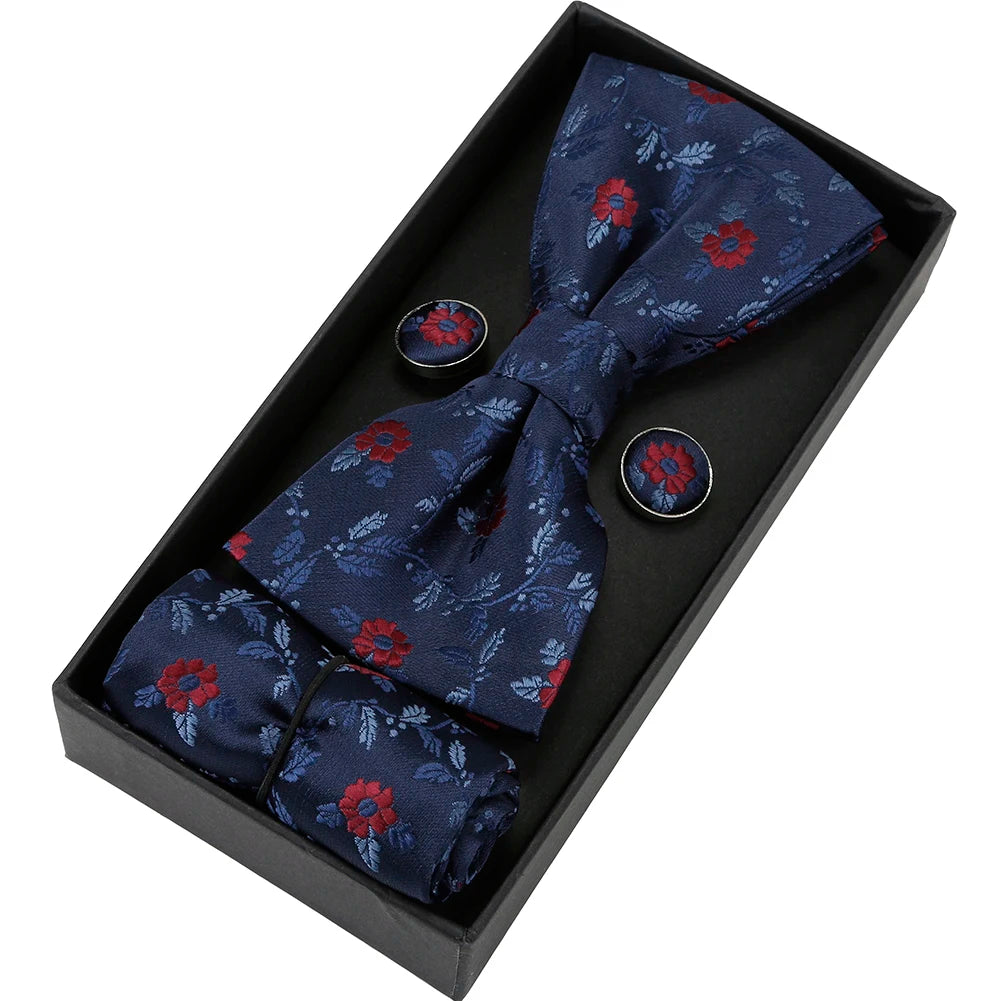 Herren Fliegen-Set mit Blumen-Paisley-Muster – 3-teiliges Geschenkset mit Fliege, Einstecktuch & Manschettenknöpfen | Elegantes Accessoire für Hochzeit & Business Kaufschwan® Schwarz mit türkisfarbenem Muster