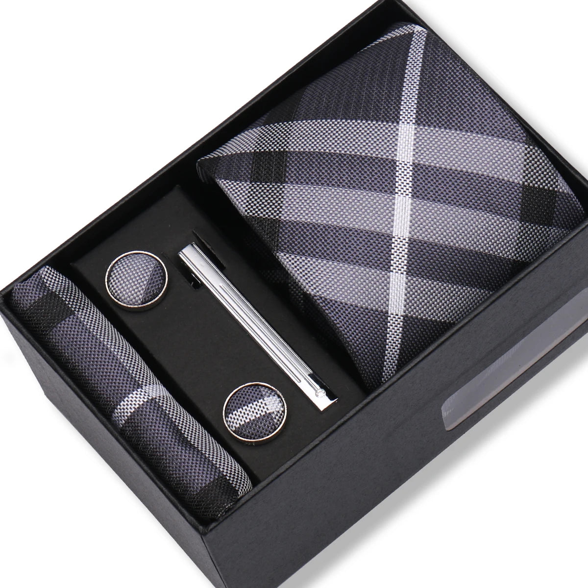 Herren Jacquard-Krawatten-Set 8 cm – Elegante Krawatte mit Einstecktuch, Manschettenknöpfen & Krawattenklammer | Luxus-Geschenkbox für Hochzeit & Business