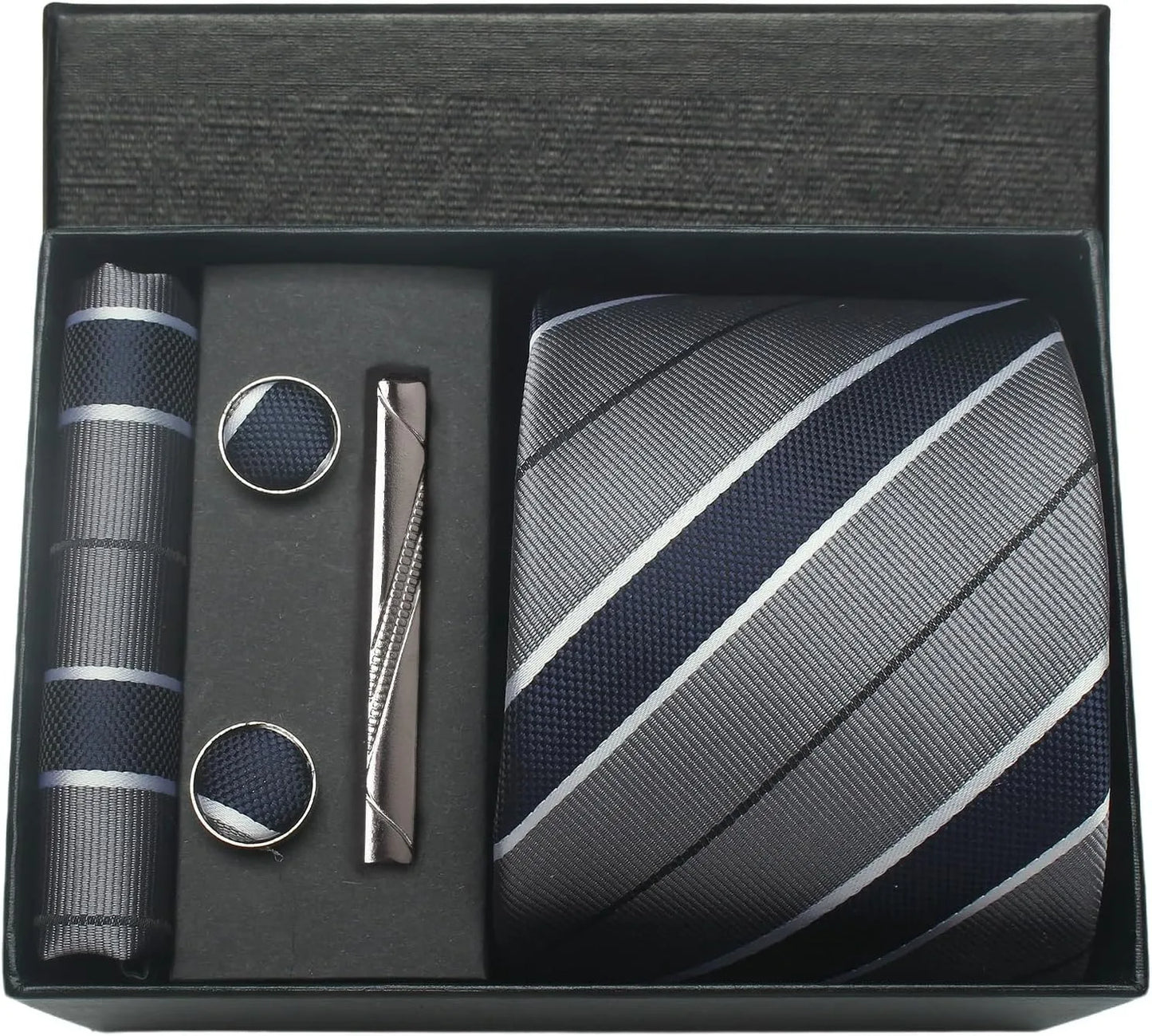 Herren Krawatten-Set aus 100% Seide – 8 cm Krawatte mit Einstecktuch & Manschettenknöpfen | Klassisches Geschenkset für Business & Hochzeit