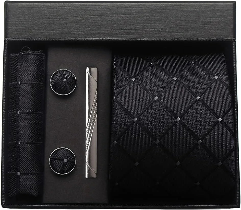 Herren Krawatten-Set aus 100% Seide – 8 cm Krawatte mit Einstecktuch & Manschettenknöpfen | Klassisches Geschenkset für Business & Hochzeit