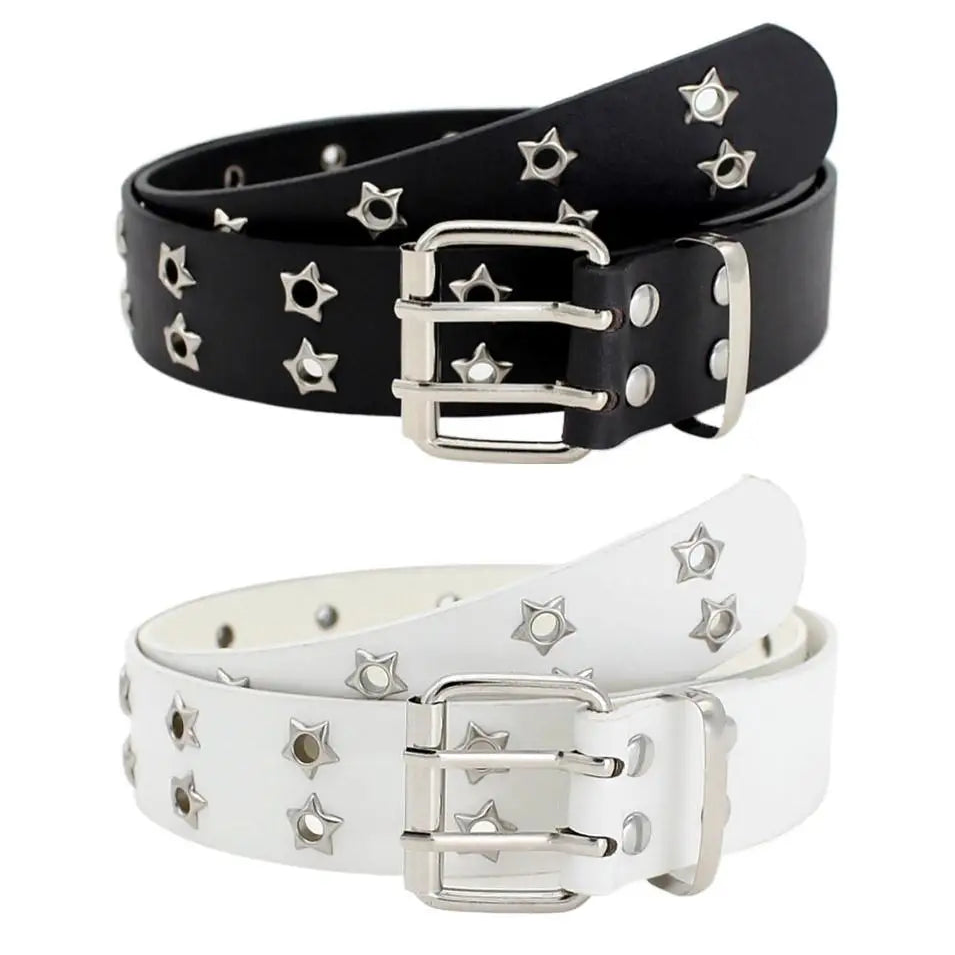 Nieten Gürtel – Hollow-Out Punk Gürtel mit Doppel Dornschließe | Hüftgürtel aus PU-Leder für Damen & Herren