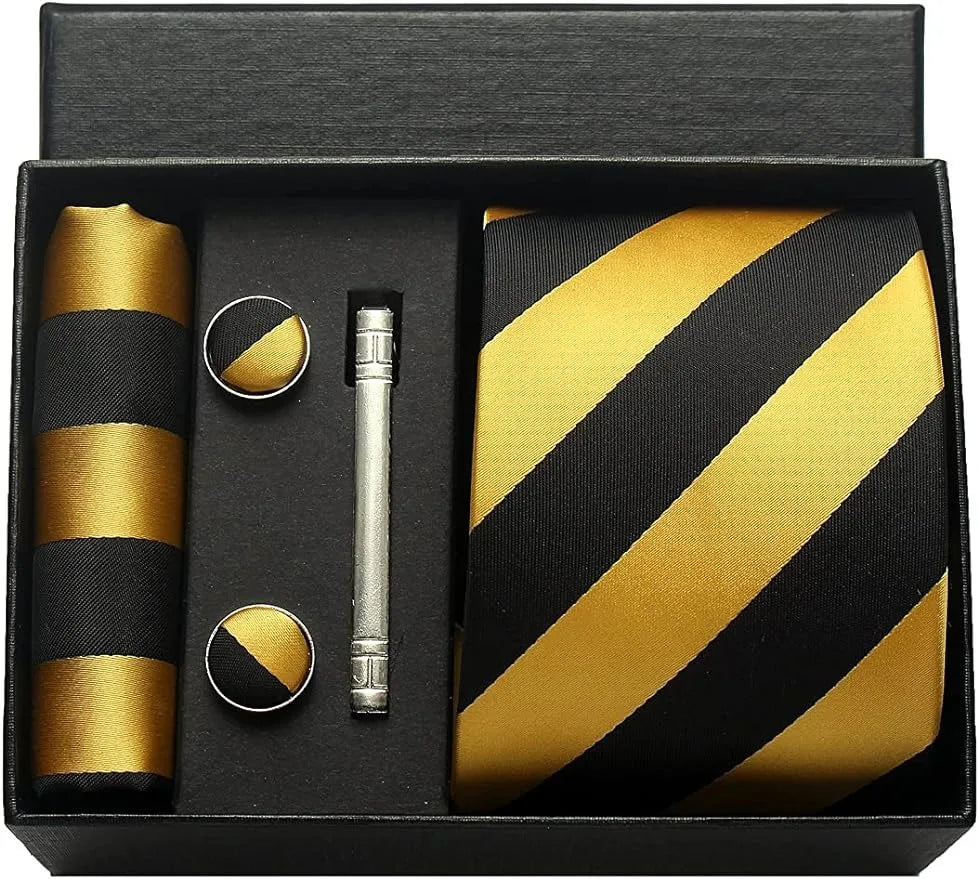 Herren Krawatten-Set aus 100% Seide – 8 cm Krawatte mit Einstecktuch & Manschettenknöpfen | Klassisches Geschenkset für Business & Hochzeit