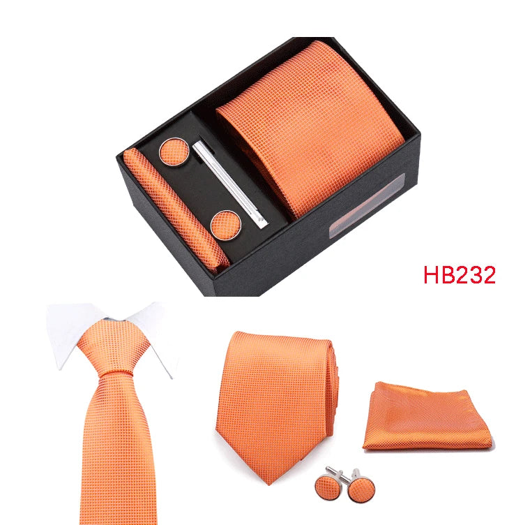 Herren Jacquard-Krawatten-Set 8 cm – Elegante Krawatte mit Einstecktuch, Manschettenknöpfen & Krawattenklammer | Luxus-Geschenkbox für Hochzeit & Business