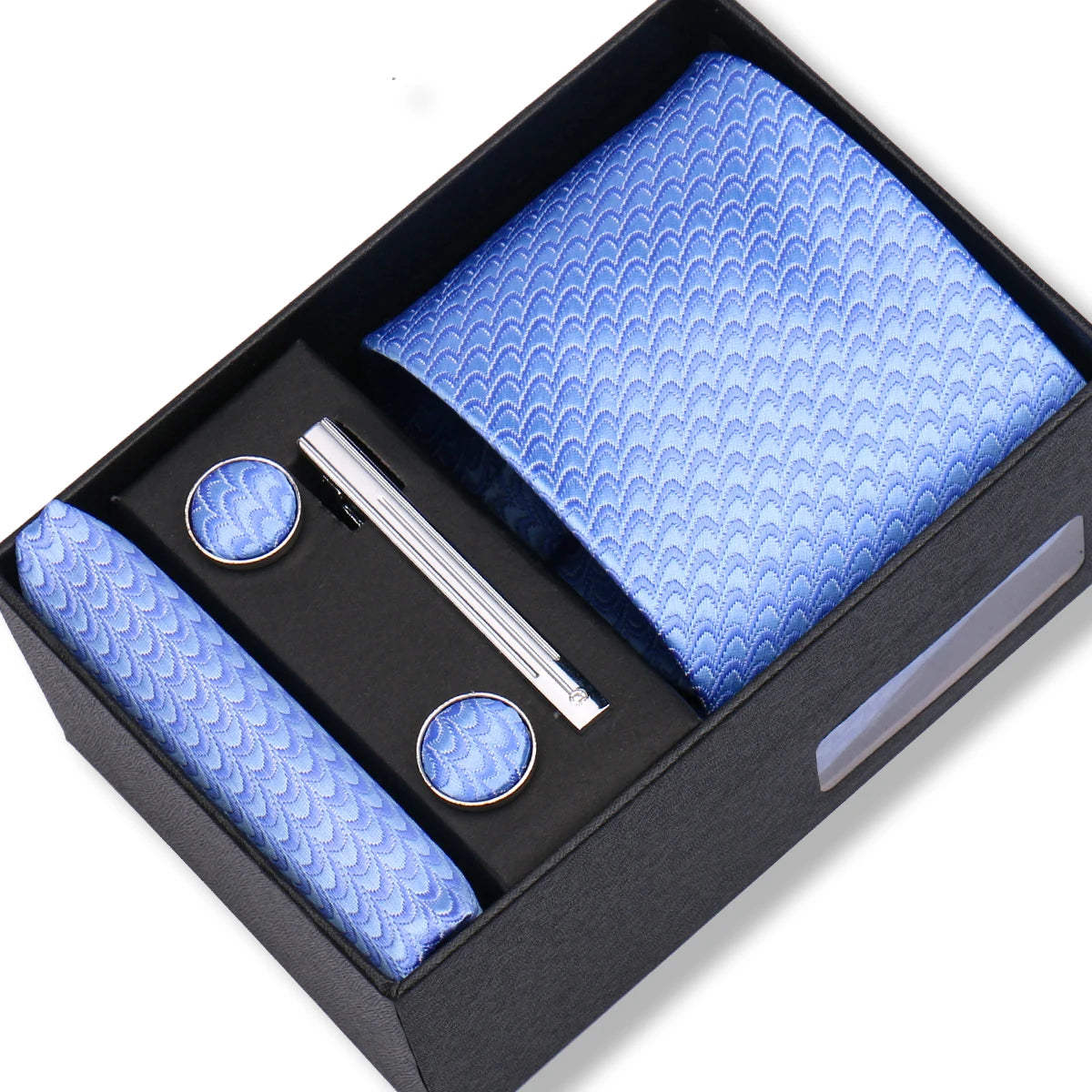 Herren Jacquard-Krawatten-Set 8 cm – Elegante Krawatte mit Einstecktuch, Manschettenknöpfen & Krawattenklammer | Luxus-Geschenkbox für Hochzeit & Business