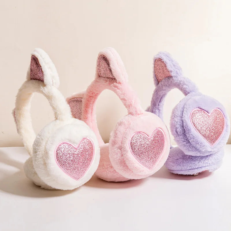Herbst Winter Plüsch Ohrwärmer mit Katzenohren & Rosa Herz – Thermische Dicke Earmuffs für Kinder & Damen | Süß & Warm Kaufschwan®
