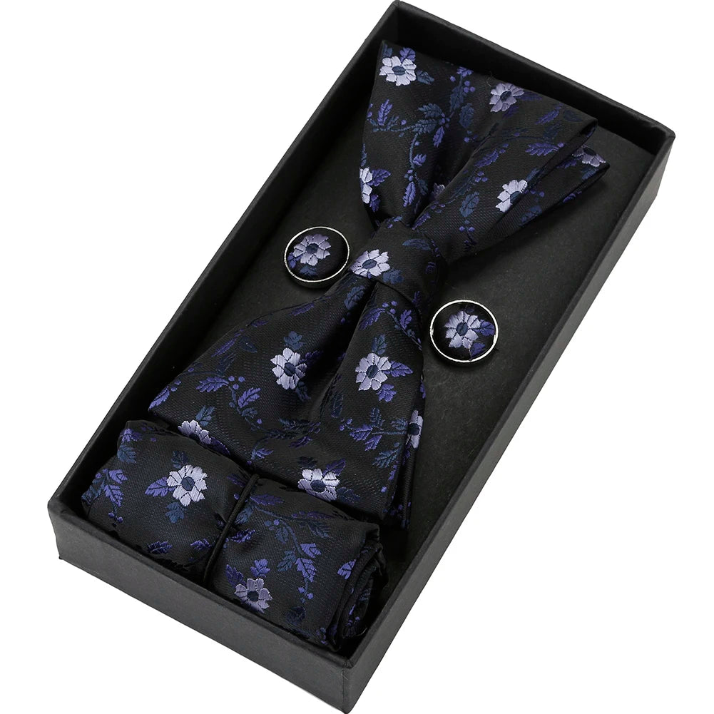 Herren Fliegen-Set mit Blumen-Paisley-Muster – 3-teiliges Geschenkset mit Fliege, Einstecktuch & Manschettenknöpfen | Elegantes Accessoire für Hochzeit & Business Kaufschwan® Dunkelblau