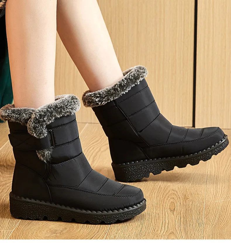 Damen Trendige Winterstiefel – Wasserdichte Knöchelstiefel mit Kunstfell Futter | Warme Low-Heel Schneestiefel für Damen