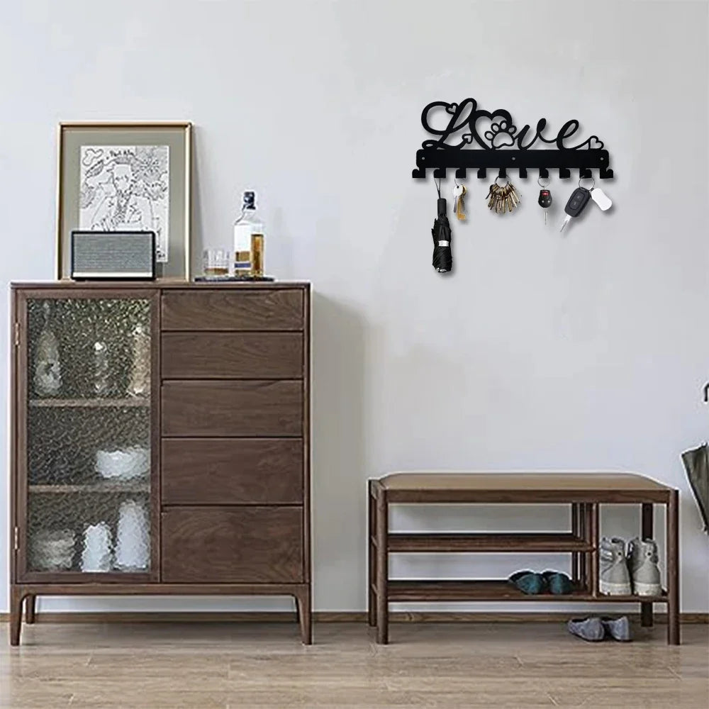 LOVE Metall Schlüsselhalter – Schwarzer Wandhaken aus Eisen mit 10 Haken | Dekorative Organizer-Leiste für Handtücher, Taschen, Kleidung, Caps & Schlüssel