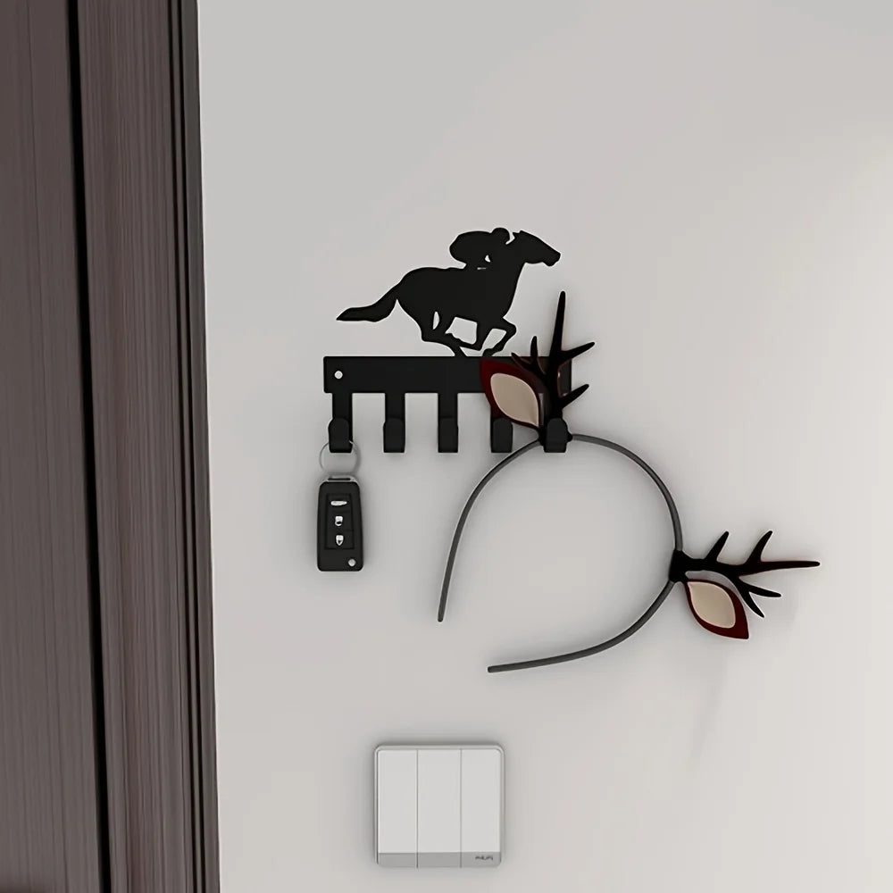 Schwarzer Metall Schlüsselhalter für die Wand – Klebender Schlüssel Organizer mit 5 Haken | Dekorativer Fahrrad & Reiter Hakenhalter