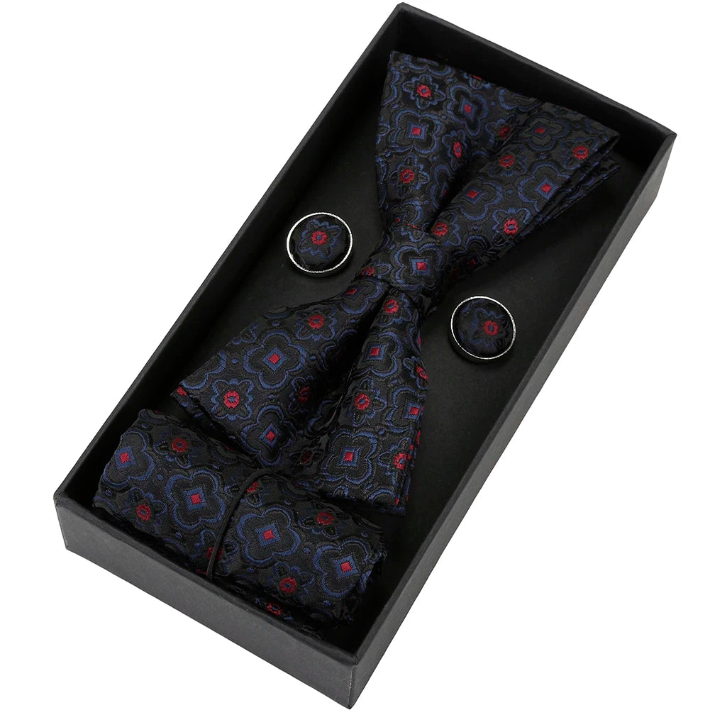 Herren Fliegen-Set mit Blumen-Paisley-Muster – 3-teiliges Geschenkset mit Fliege, Einstecktuch & Manschettenknöpfen | Elegantes Accessoire für Hochzeit & Business