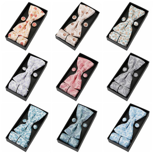 Herren Fliegen-Set mit Blumen-Paisley-Muster – 3-teiliges Geschenkset mit Fliege, Einstecktuch & Manschettenknöpfen | Elegantes Accessoire für Hochzeit & Business Kaufschwan®