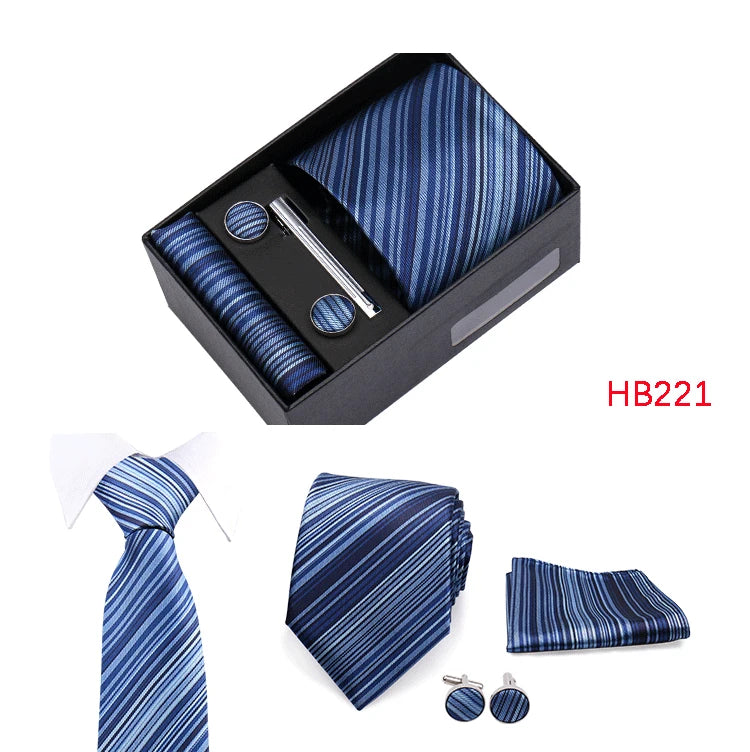 Herren Jacquard-Krawatten-Set 8 cm – Elegante Krawatte mit Einstecktuch, Manschettenknöpfen & Krawattenklammer | Luxus-Geschenkbox für Hochzeit & Business Kaufschwan®