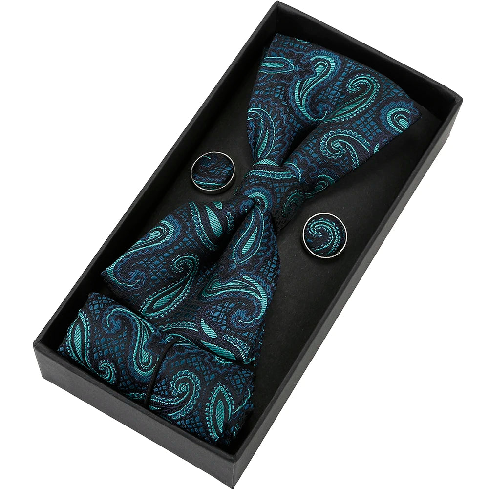 Herren Fliegen-Set mit Blumen-Paisley-Muster – 3-teiliges Geschenkset mit Fliege, Einstecktuch & Manschettenknöpfen | Elegantes Accessoire für Hochzeit & Business