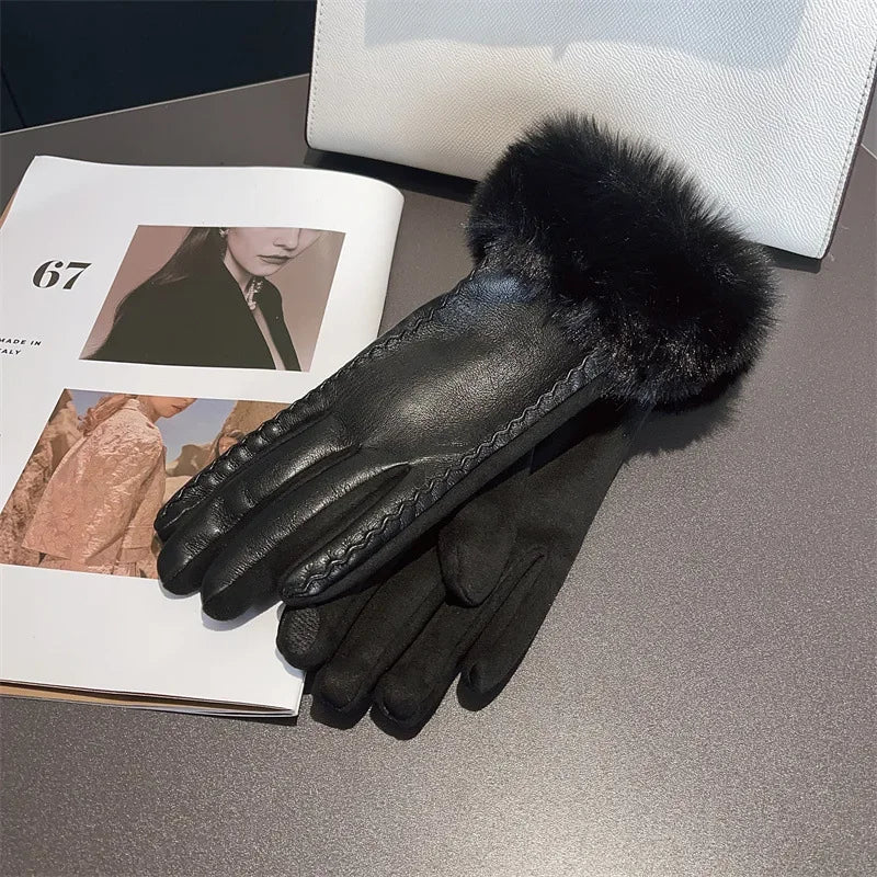 Luxus PU Lederhandschuhe für Damen – Warme Winterhandschuhe mit Kunstfellbesatz | Elegant Gefütterte Handschuhe für Partys & Kaltes Wetter Kaufschwan®