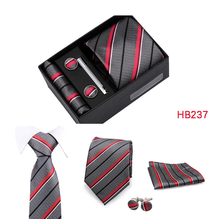 Herren Jacquard-Krawatten-Set 8 cm – Elegante Krawatte mit Einstecktuch, Manschettenknöpfen & Krawattenklammer | Luxus-Geschenkbox für Hochzeit & Business