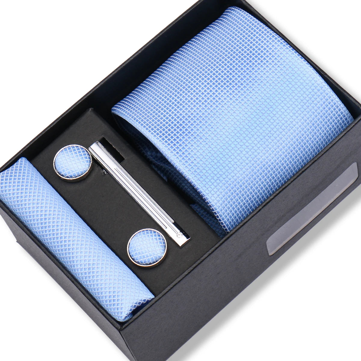 Herren Jacquard-Krawatten-Set 8 cm – Elegante Krawatte mit Einstecktuch, Manschettenknöpfen & Krawattenklammer | Luxus-Geschenkbox für Hochzeit & Business