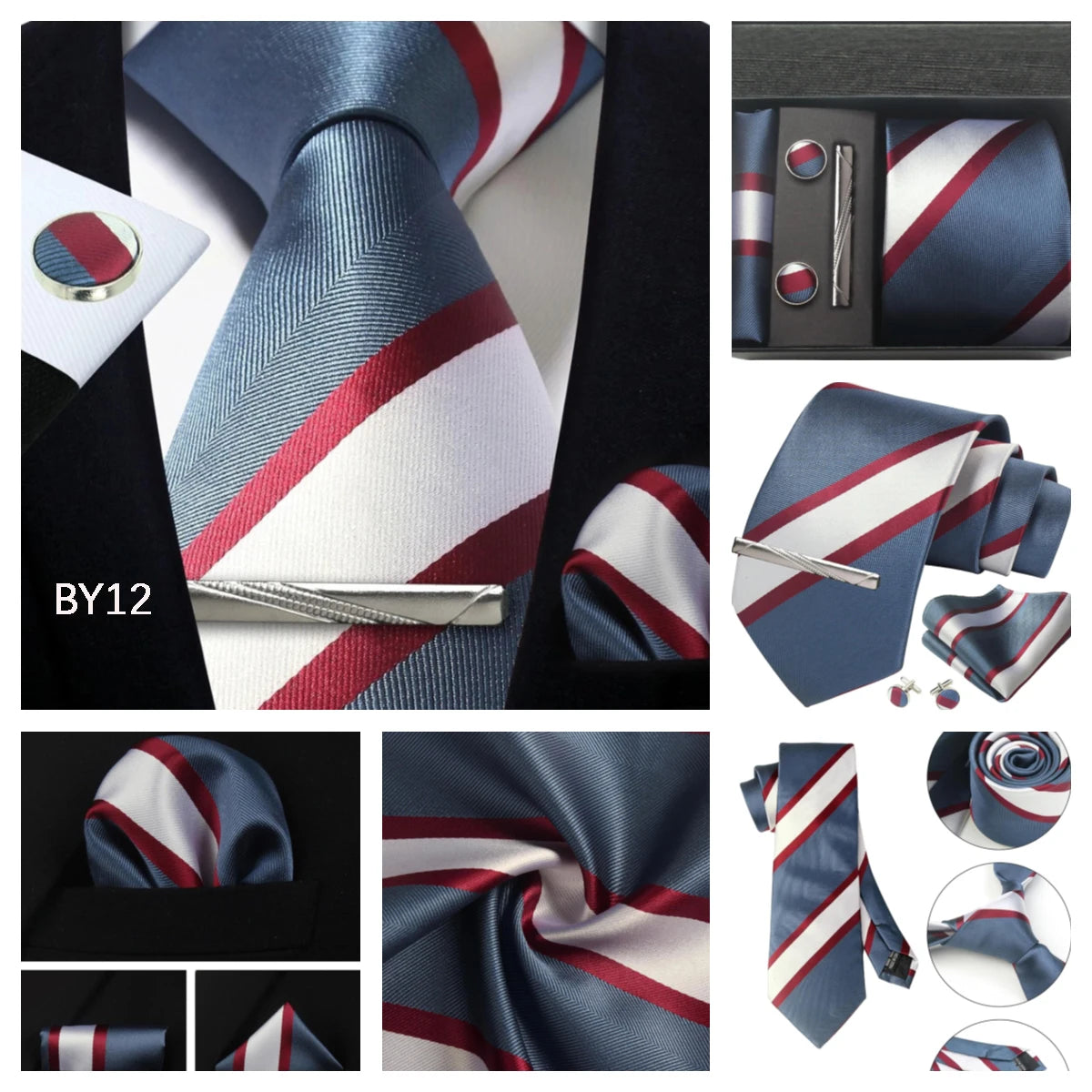 Herren Krawatten-Set aus 100% Seide – 8 cm Krawatte mit Einstecktuch & Manschettenknöpfen | Klassisches Geschenkset für Business & Hochzeit