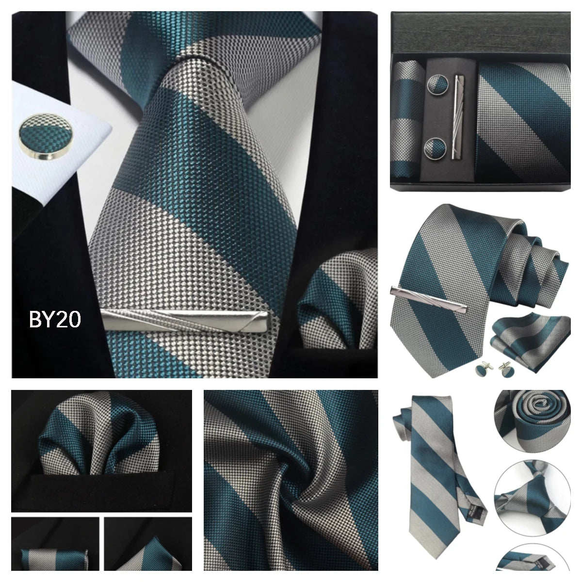 Herren Krawatten-Set aus 100% Seide – 8 cm Krawatte mit Einstecktuch & Manschettenknöpfen | Klassisches Geschenkset für Business & Hochzeit