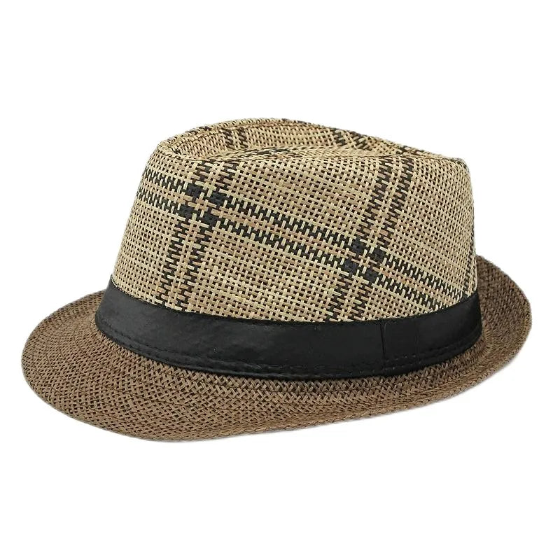 Retro Sonnenhut – Britischer Top Hat Stil, Geometrischer Strohhut mit Gürtel, Unisex Strand & Partner Fedoras