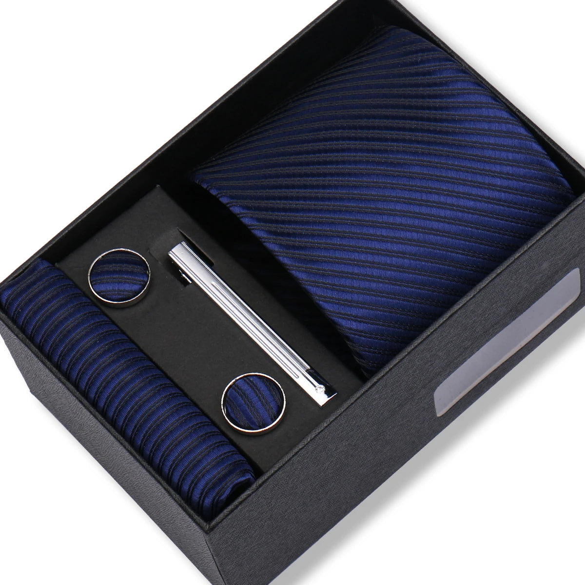Herren Jacquard-Krawatten-Set 8 cm – Elegante Krawatte mit Einstecktuch, Manschettenknöpfen & Krawattenklammer | Luxus-Geschenkbox für Hochzeit & Business