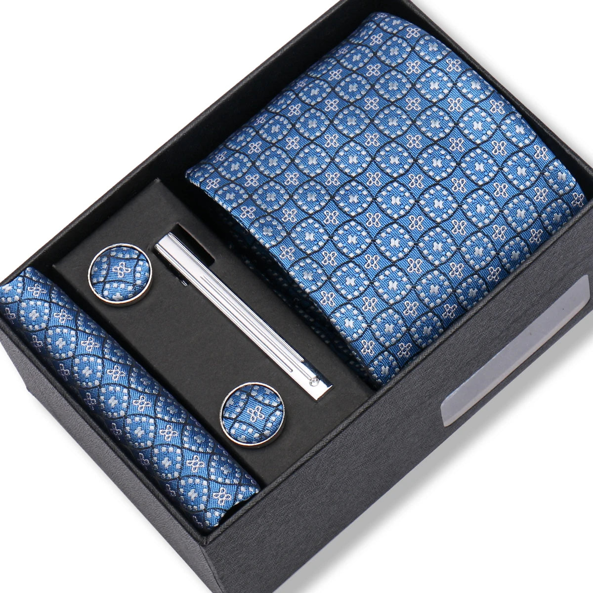 Herren Jacquard-Krawatten-Set 8 cm – Elegante Krawatte mit Einstecktuch, Manschettenknöpfen & Krawattenklammer | Luxus-Geschenkbox für Hochzeit & Business