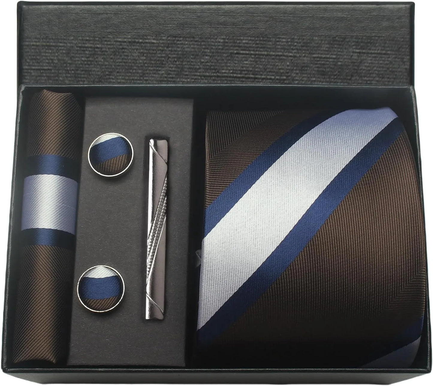 Herren Krawatten-Set aus 100% Seide – 8 cm Krawatte mit Einstecktuch & Manschettenknöpfen | Klassisches Geschenkset für Business & Hochzeit