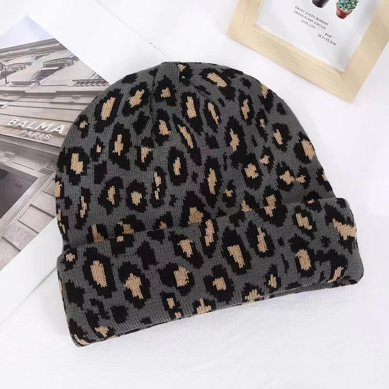 Dicke Leopard Jacquard Beanie Mütze – Trendige Unisex Strickmütze für Herbst & Winter | Warme Vintage Hip Hop Mütze für Damen & Herren Kaufschwan® Dunkelgrau Einheitsgröße