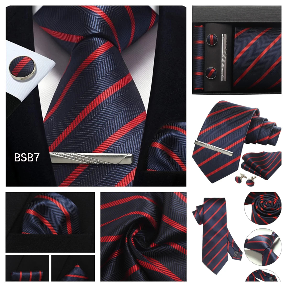 Herren Krawatten-Set aus 100% Seide – 8 cm Krawatte mit Einstecktuch & Manschettenknöpfen | Klassisches Geschenkset für Business & Hochzeit Kaufschwan®