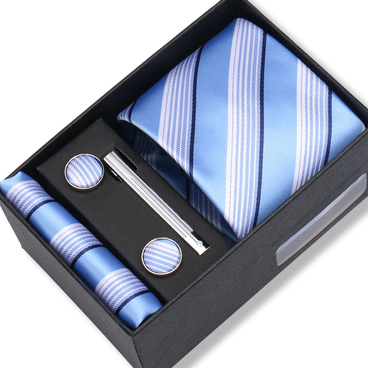 Herren Jacquard-Krawatten-Set 8 cm – Elegante Krawatte mit Einstecktuch, Manschettenknöpfen & Krawattenklammer | Luxus-Geschenkbox für Hochzeit & Business