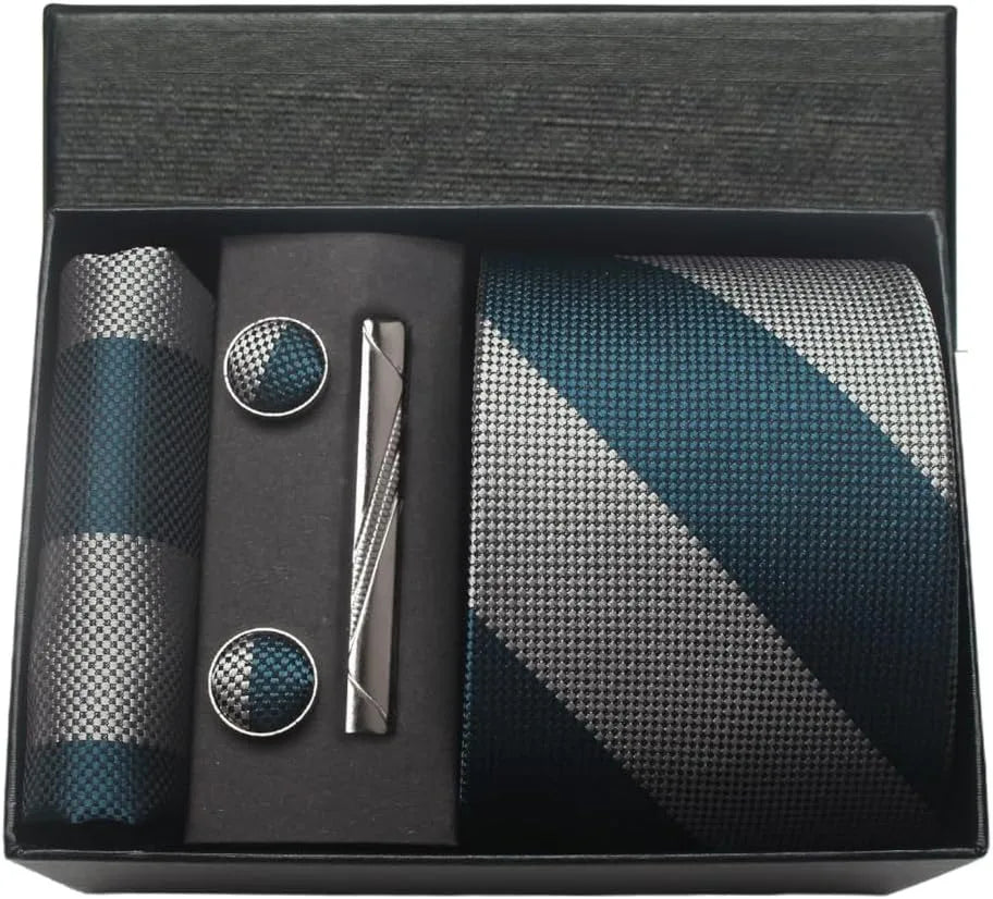 Herren Krawatten-Set aus 100% Seide – 8 cm Krawatte mit Einstecktuch & Manschettenknöpfen | Klassisches Geschenkset für Business & Hochzeit