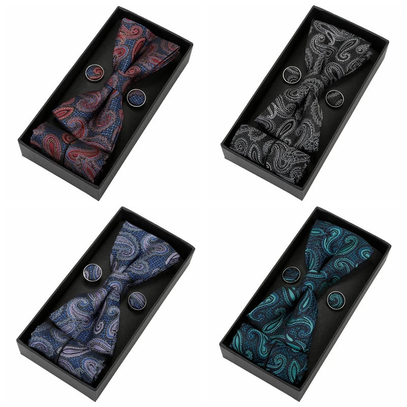 Herren Fliegen-Set mit Blumen-Paisley-Muster – 3-teiliges Geschenkset mit Fliege, Einstecktuch & Manschettenknöpfen | Elegantes Accessoire für Hochzeit & Business Kaufschwan®