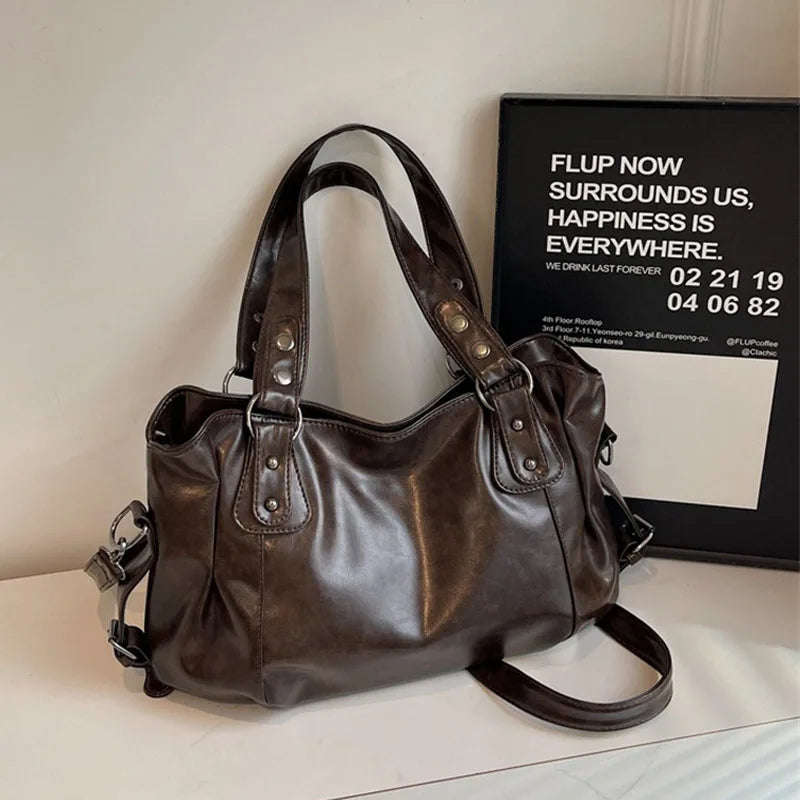 Klassische Vielseitige Damen Schultertasche für Pendler – Große Retro Handtasche | Reisetasche mit Reißverschluss Shopping Tasche Kaufschwan® Dunkelbraun