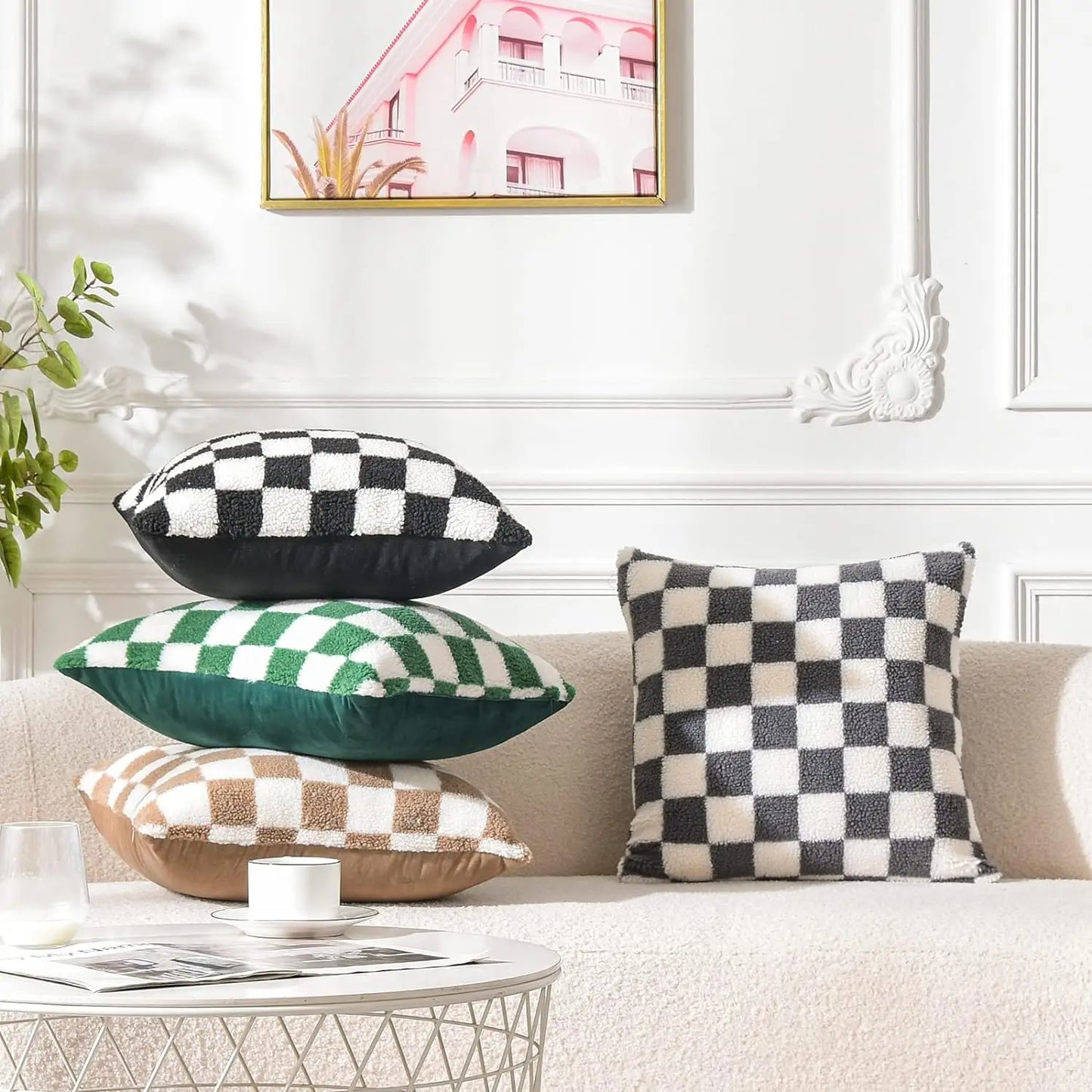 Schwarzer Kunstfell Woll Kissenbezug | Karierter Bezug für Sofa, Couch & Wohnzimmer | Wohnraum-Deko Kaufschwan®