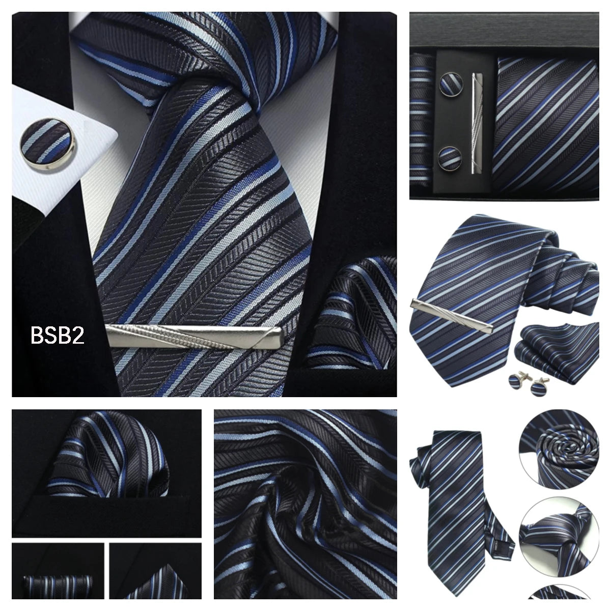 Herren Krawatten-Set aus 100% Seide – 8 cm Krawatte mit Einstecktuch & Manschettenknöpfen | Klassisches Geschenkset für Business & Hochzeit Kaufschwan®