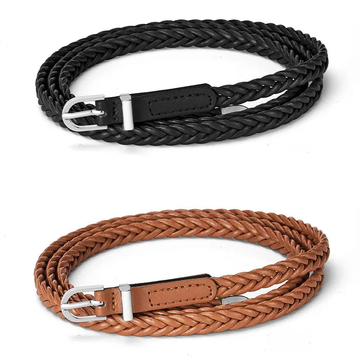 Geflochtener PU Gürtel für Damen – Goth Retro Stil | Dünner Schwarzer Taillengürtel mit Dornschließe für Kleider & Jeans