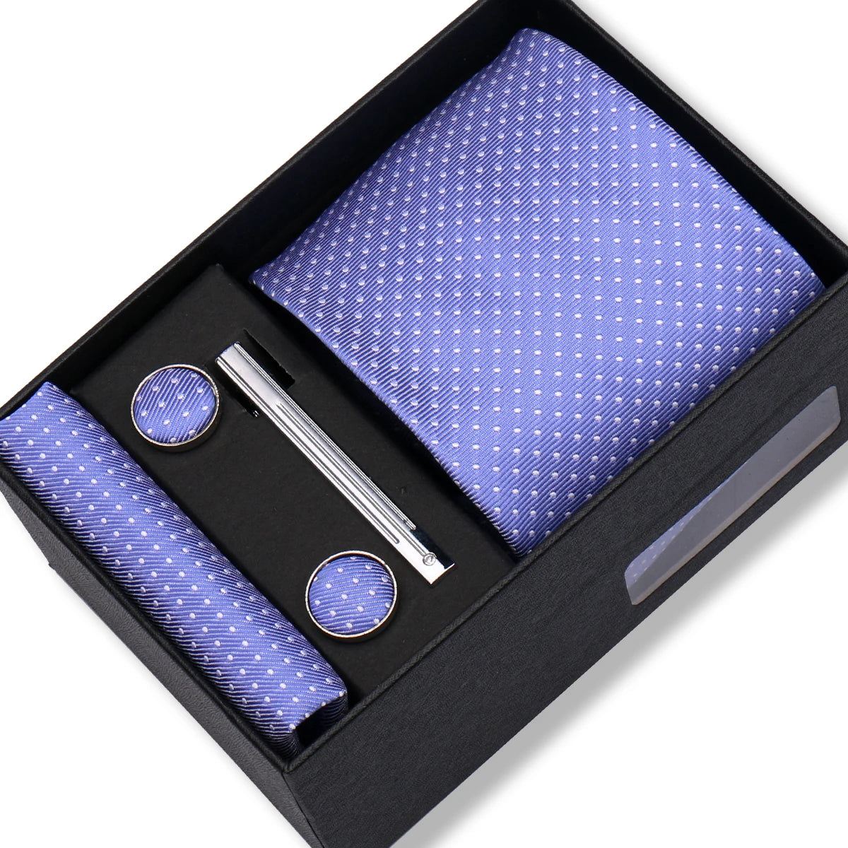 Herren Jacquard-Krawatten-Set 8 cm – Elegante Krawatte mit Einstecktuch, Manschettenknöpfen & Krawattenklammer | Luxus-Geschenkbox für Hochzeit & Business