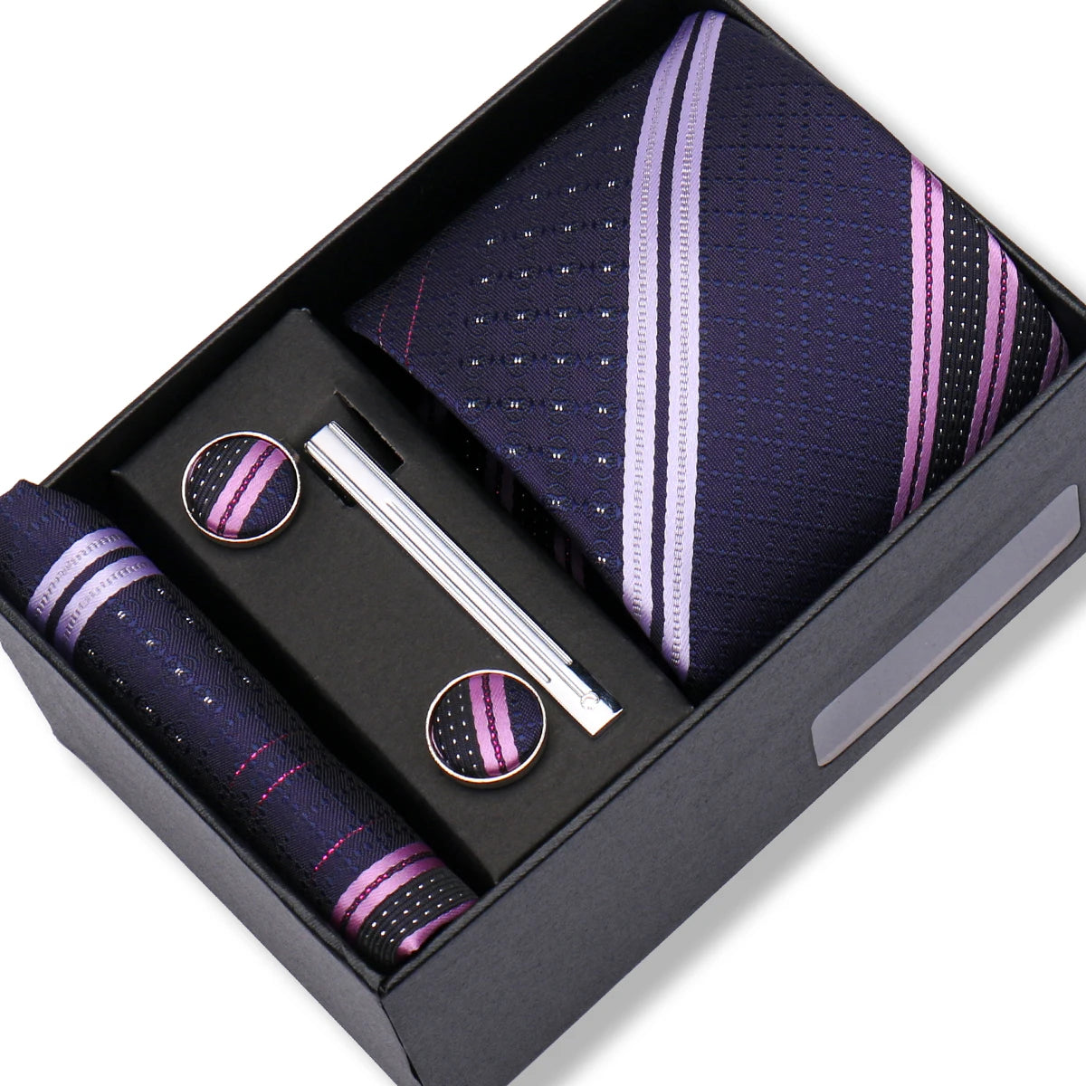 Herren Jacquard-Krawatten-Set 8 cm – Elegante Krawatte mit Einstecktuch, Manschettenknöpfen & Krawattenklammer | Luxus-Geschenkbox für Hochzeit & Business