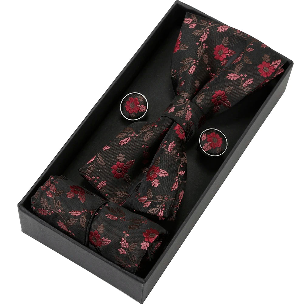 Herren Fliegen-Set mit Blumen-Paisley-Muster – 3-teiliges Geschenkset mit Fliege, Einstecktuch & Manschettenknöpfen | Elegantes Accessoire für Hochzeit & Business Kaufschwan® Schwarz-Rot