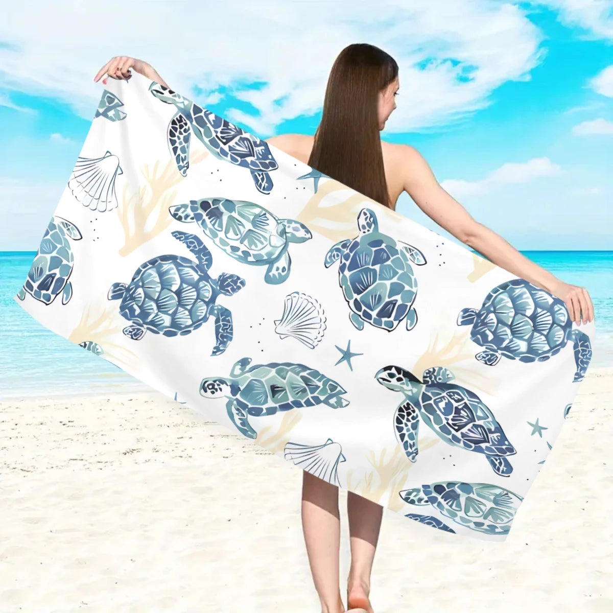 Großes Strandtuch mit Ozean-Motiv – Schildkröte, Seestern & Muschel Print | Schnell Trocknendes Saugfähiges Mikrofaser Strandtuch