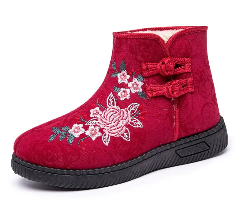 Damen Bestickte Schneestiefel – Mittelhohe Baumwollstiefel mit Kunstfell Fleece Futter | Warme Winter Schuhe für Mütter