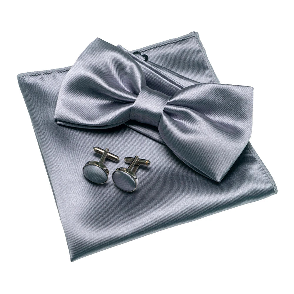 Herren Satin-Fliegen-Set – Elegante Fliege mit Manschettenknöpfen & Einstecktuch | Glänzendes Accessoire für Business & Hochzeit Kaufschwan® Silber