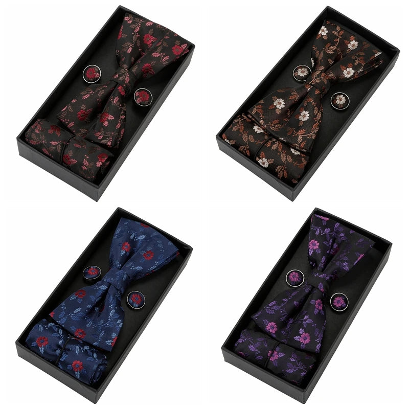 Herren Fliegen-Set mit Blumen-Paisley-Muster – 3-teiliges Geschenkset mit Fliege, Einstecktuch & Manschettenknöpfen | Elegantes Accessoire für Hochzeit & Business Kaufschwan®