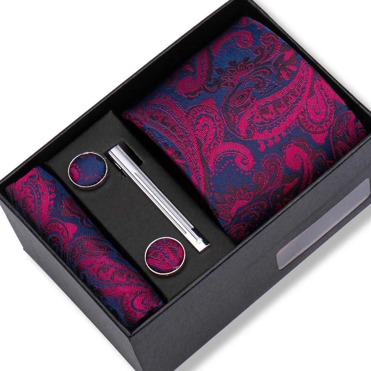Herren Jacquard-Krawatten-Set 8 cm – Elegante Krawatte mit Einstecktuch, Manschettenknöpfen & Krawattenklammer | Luxus-Geschenkbox für Hochzeit & Business