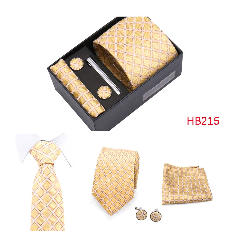 Herren Jacquard-Krawatten-Set 8 cm – Elegante Krawatte mit Einstecktuch, Manschettenknöpfen & Krawattenklammer | Luxus-Geschenkbox für Hochzeit & Business Kaufschwan®