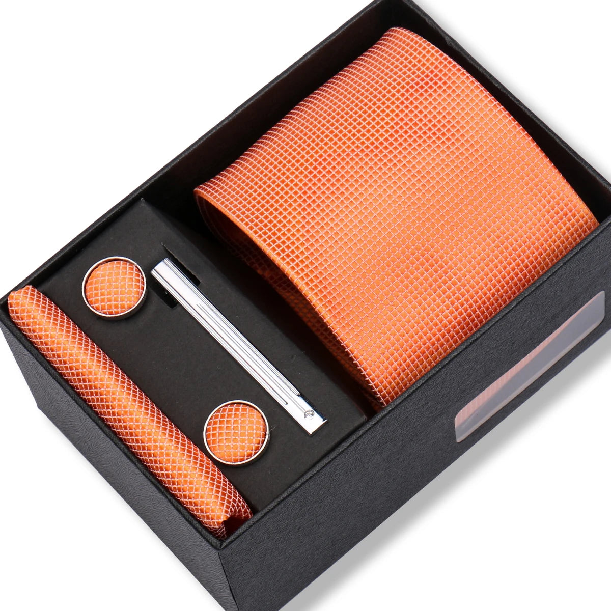 Herren Jacquard-Krawatten-Set 8 cm – Elegante Krawatte mit Einstecktuch, Manschettenknöpfen & Krawattenklammer | Luxus-Geschenkbox für Hochzeit & Business