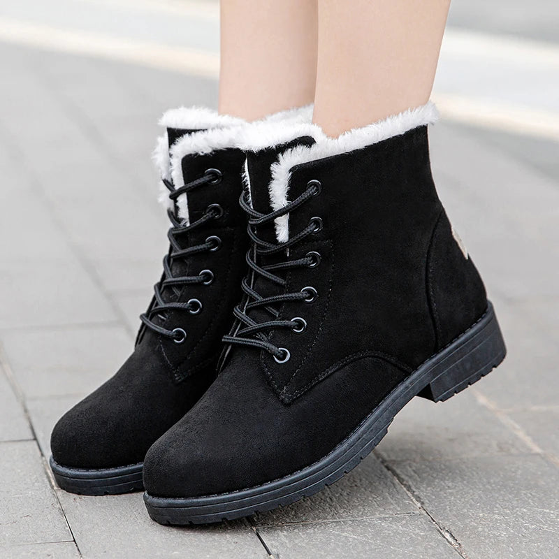 Damen Schneestiefel – Flache Plateau Winter Schuhe | Warme Kunstfell Gefütterte Plüsch Stiefel für Damen | Bequeme Winter Schuhe