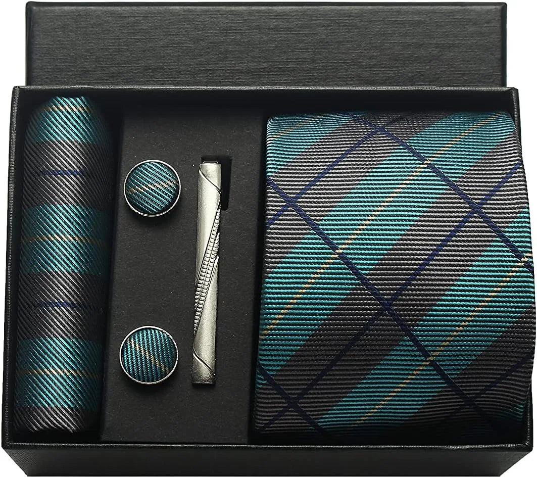 Herren Krawatten-Set aus 100% Seide – 8 cm Krawatte mit Einstecktuch & Manschettenknöpfen | Klassisches Geschenkset für Business & Hochzeit