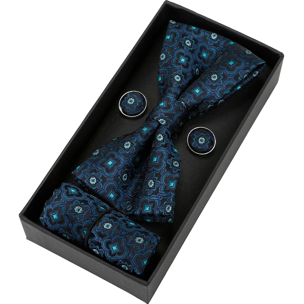 Herren Fliegen-Set mit Blumen-Paisley-Muster – 3-teiliges Geschenkset mit Fliege, Einstecktuch & Manschettenknöpfen | Elegantes Accessoire für Hochzeit & Business